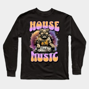 HOUSE MUSIC  - Feline Dj on Decks (pink/orange) Long Sleeve T-Shirt